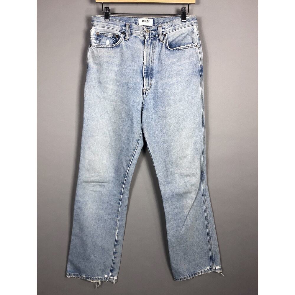 Agolde Pinch Waist High Rise Kick Jeans SZ 28 Blue Light Wash Frayed Distressed